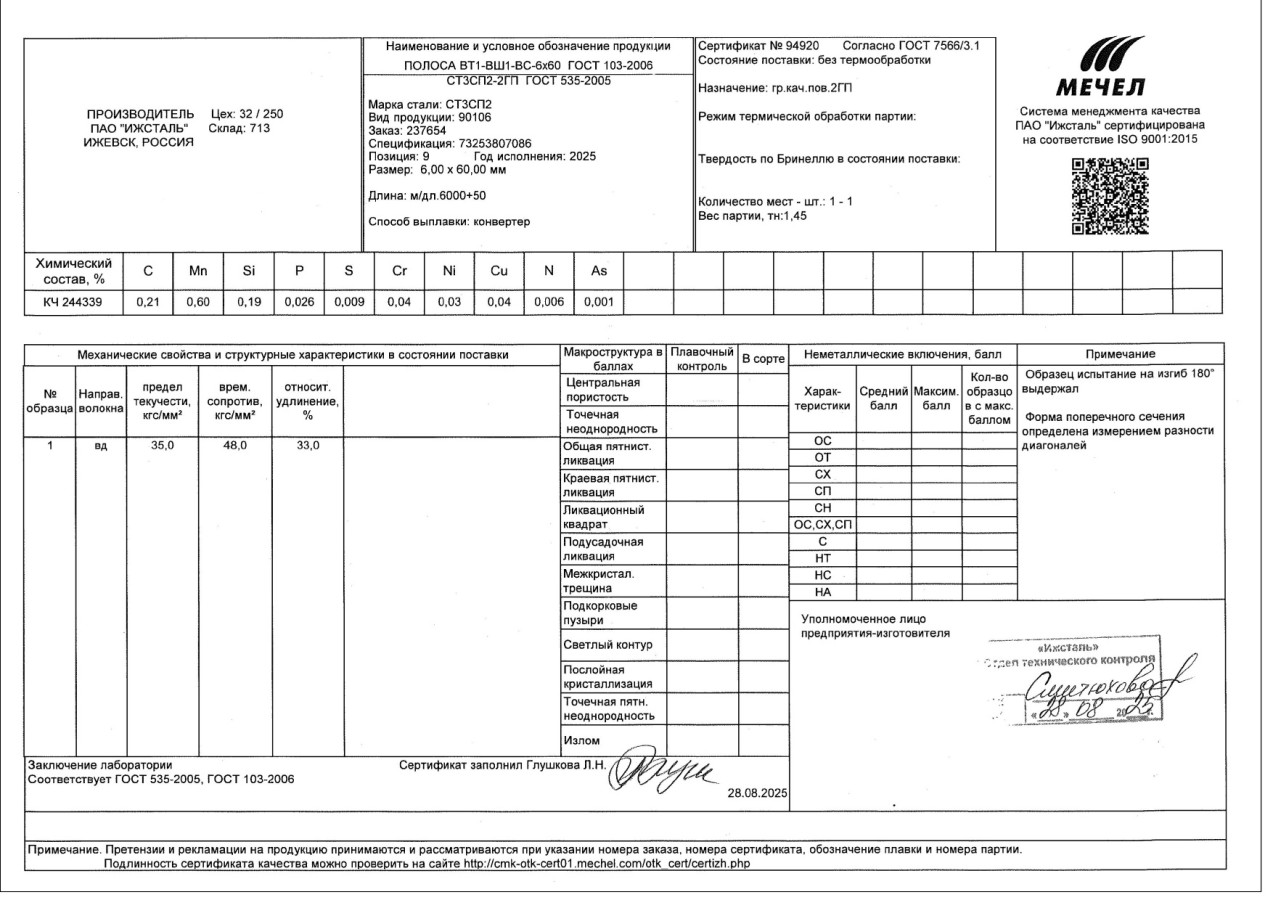 Сертификат на полоса стальная