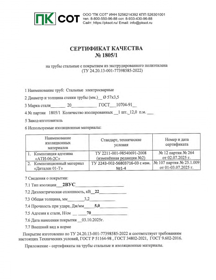 Сертификат на трубы в ВУС изоляции