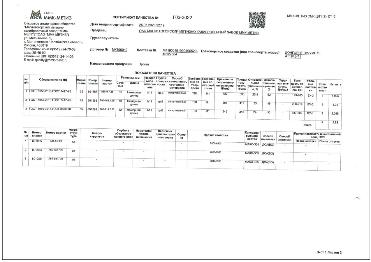 Сертификат на круг горячекатаный