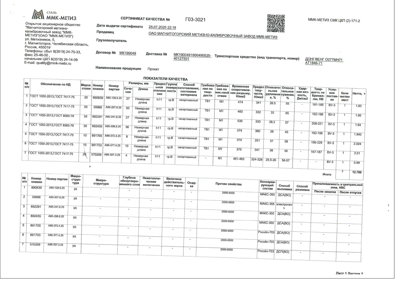 Сертификат на круг стальной