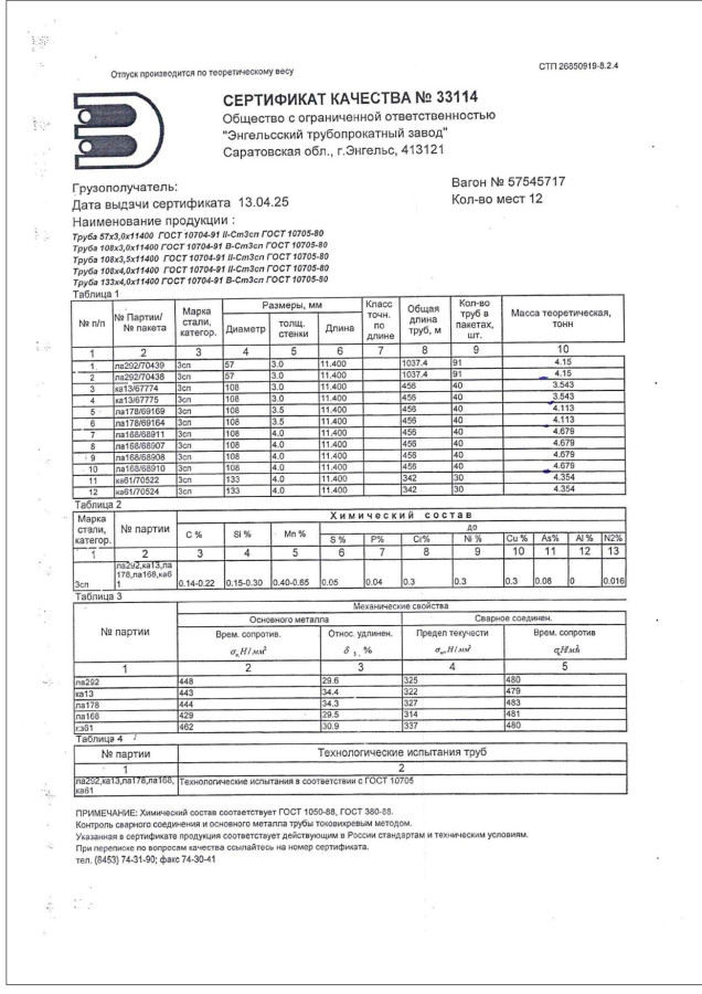 Сертификат на Труба электросварная прямошовная 133х4